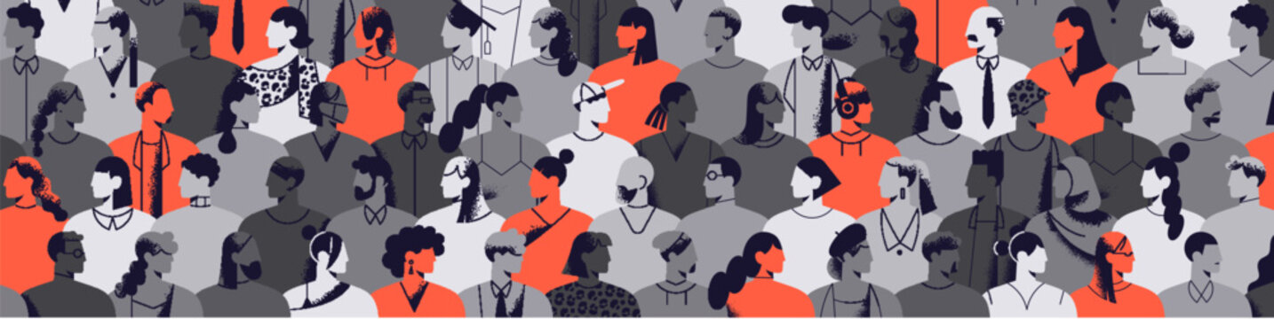 Abstract red people stand out from the grey crowd. Concept of diversity. Banner with silhouettes of diverse men and women. International group, multiethnic society in profile. Flat vector illustration