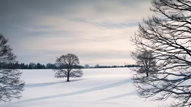 Winter Wonderland Serene Landscape with Bare Trees and Snow Covered Field.