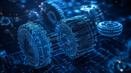 abstract gears or cogs on a blue background , digital technology concep