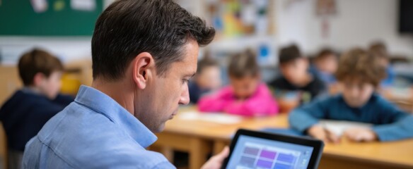 teacher sketching illustrations on tablet that show up on pupil displays