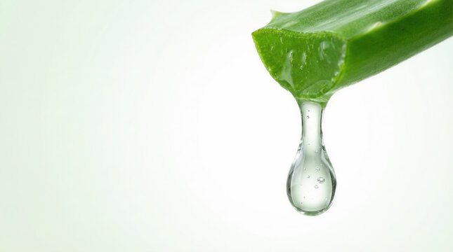 Fresh aloe vera leaf with clear liquid drop for natural skincare background