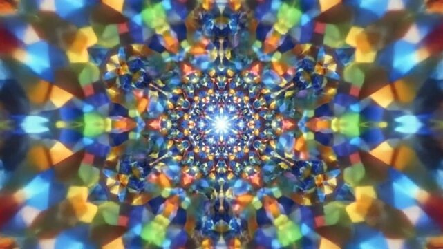 Vibrant kaleidoscope pattern with symmetrical geometric shapes creating a mesmerizing visual effect.