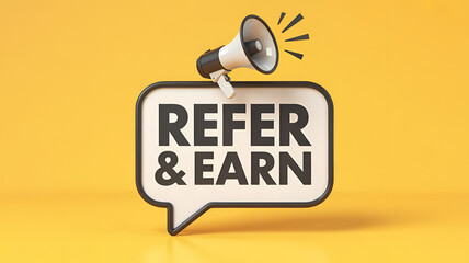 Refer and earn concept with megaphone in speech bubble on bright yellow background promoting referral marketing and advertising strategy
