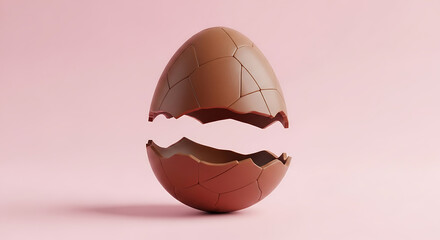 A cracked brown eggshell standing upright on a pink background with fragments separated