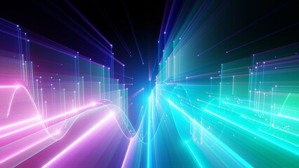 Obraz premium Futuristic Cyber City Data Visualization: Abstract Digital Skyline with Glowing Neon Light Beams and Motion Waves for Tech Background