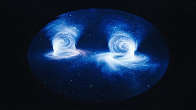 Hypnotic cosmic ballet Two swirling celestial bodies in deep space, casting ethereal blue and pink light