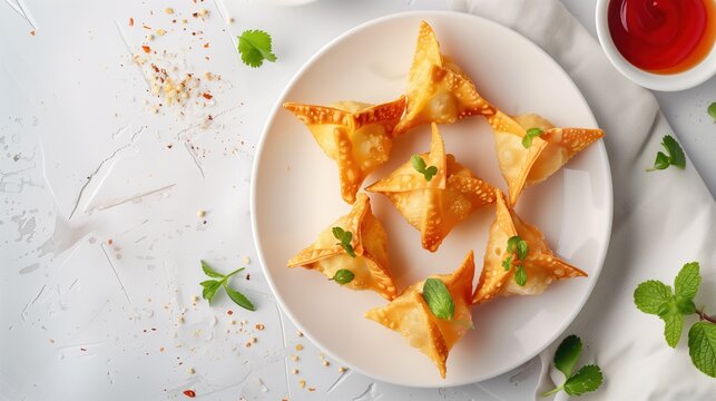 National Crab Rangoon Day:crab rangoon on white ceramic plate, top-down view, clean composition, soft natural daylight, food isolated with copy space