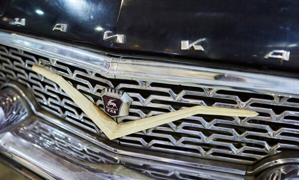 Moscow, Russia. - June 18, 2025: USSR-made Gaz Chaika car, close-up of the logo