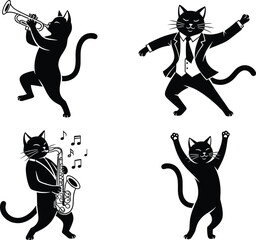 Funny black cat silhouette vector set playing jazz trumpet and saxophone, dancing in business suit, musical party illustration collection design. © "Hello"