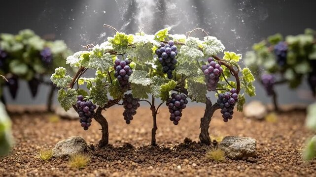Miniature vineyard featuring rows of grape vines with ripe purple grapes, set against a neutral background.