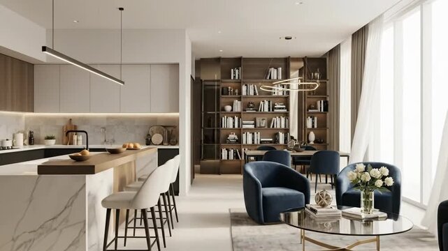 Modern open-concept living space featuring a kitchen with island and comfortable seating area.