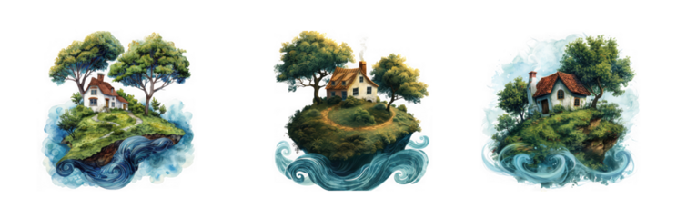 Three whimsical floating island scenes with cozy houses and lush greenery on transparent background high quality