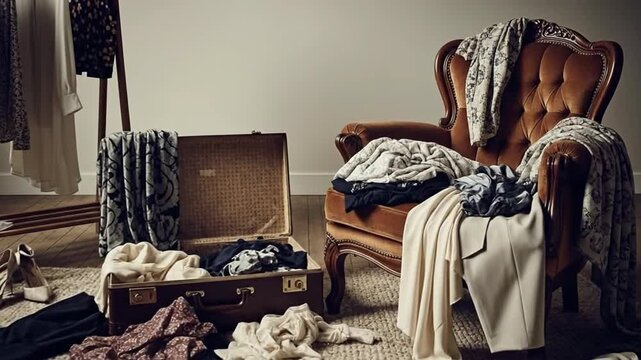 Vintage suitcase and clothing scattered around a room, creating a chaotic yet stylish scene.