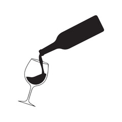 Obraz premium Vector black silhouette of a wine bottle pouring drink into a wineglass, isolated icon of alcohol serving on white background. 