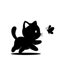 Minimalist black cat silhouette chasing a small butterfly isolated on clean white background
