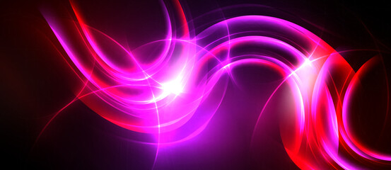 Naklejka premium Bright abstract lines form dynamic energy flow. Vivid magenta, red hues dominate dark background. Light radiates, creating intense visual impact.