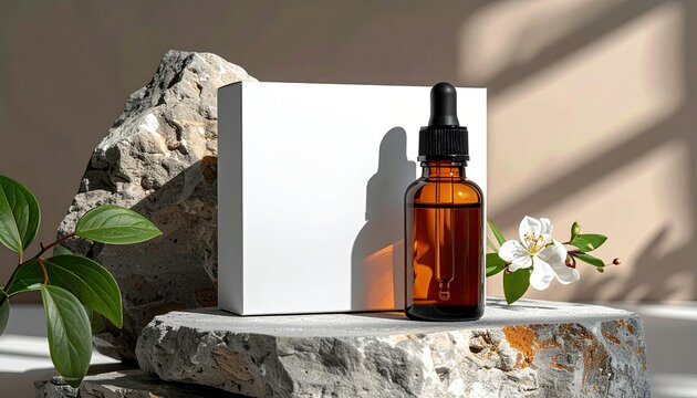 Amber dropper bottle, box, stone, white flower, shadows, natural