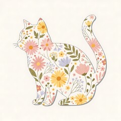 Cute cat silhouette filled with colorful flowers and leaves floral pattern