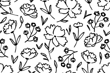 Simple floral black and white print for fabric, textile products, packaging. Seamless repeating vector pattern.  Flowers with a black outline. Hand-drawn ink drawing.