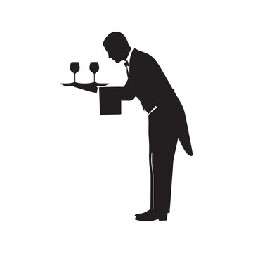 Silhouette of a waiter bowing while serving wine on a tray, vector black and white illustration of a butler or server isolated on white background.
