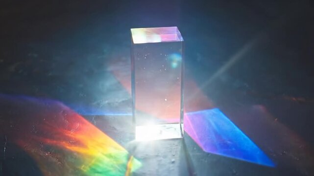 Optical glass cube refracting light into spectral colors on a dark surface.