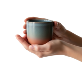 Holding a beautiful ceramic mug cozy home view isolated on transparent background