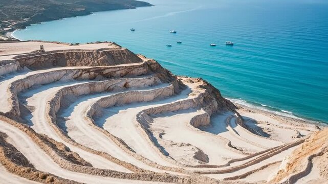 Aerial view of a terraced quarry on a coast with turquoise water.