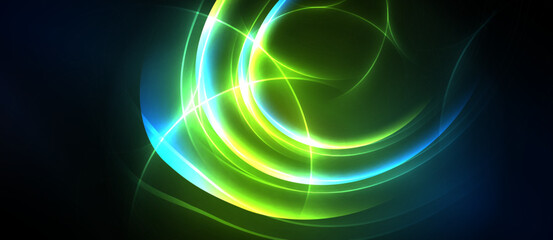 Obraz premium Bright swirling lights create abstract energy. Vivid green, blue hues dominate dark background. Dynamic composition evokes motion, depth.