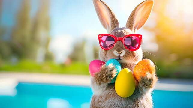 A bunny in glasses holding Easter eggs in its paws against a backdrop of a swimming pool and sunny sky