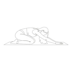 Line art of woman in Balasana yoga pose on mat
