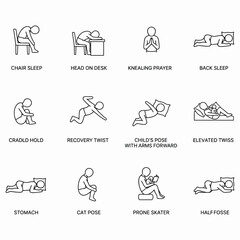 Collection of Sleep, Rest, and Yoga Poses Line Icons