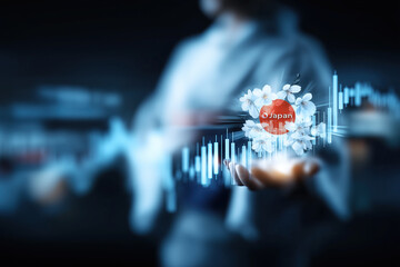 blurred japanese woman in kimono presents Japan hologram with cherry blossoms and financial chart overlay.
