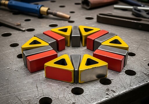 Magnetic Welding Jig Fixture Tools Arranged on Metal Workbench Backdrop