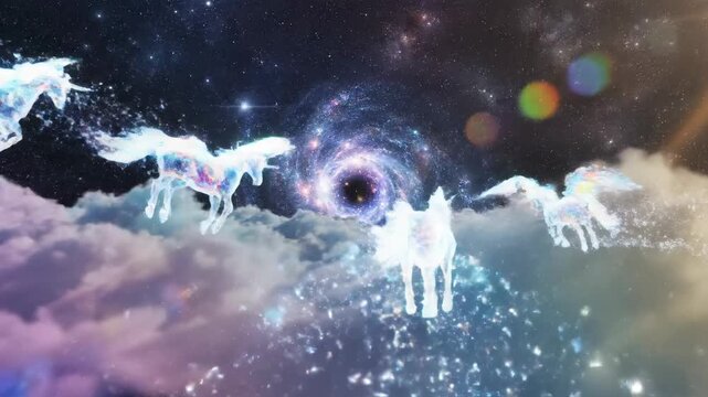 Ethereal unicorns with rainbow sparkles prance through clouds amidst a starry night sky, bathed in soft light
