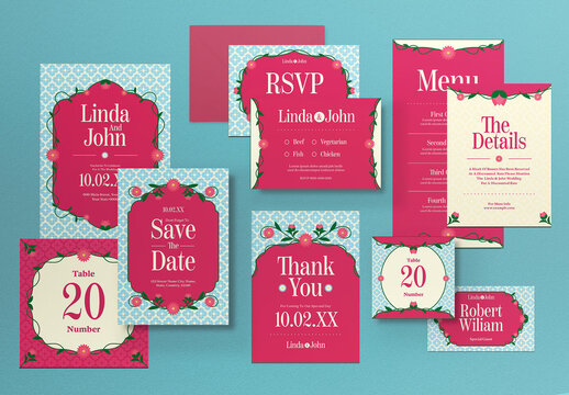 Pink And Blue India Theme Wedding Invitation Set