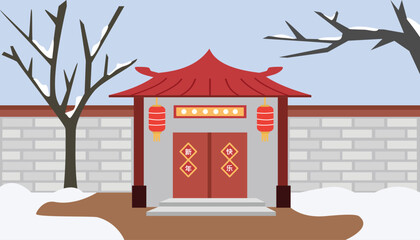 Obraz premium Traditional Chinese Gate in a Snowy Winter Landscape. Chinese tample. Traditional house building. House landscape.