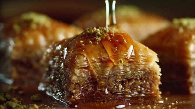 Honey Dripping on Traditional Baklava Pastry.