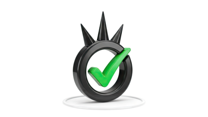 3D Render of a Black Ring with Green Checkmark and Spikes