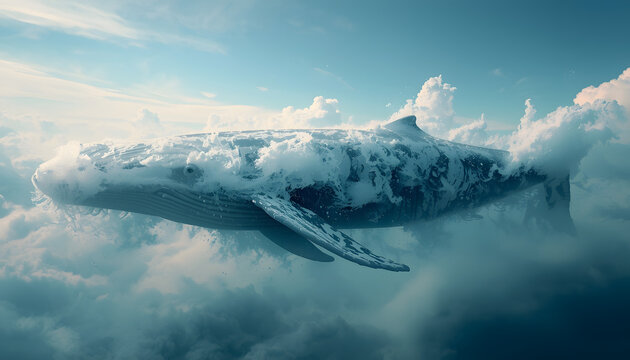 a giant whale that appears to be swimming among the clouds and blue sky