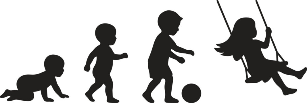 Child growth stages silhouette illustration showing baby crawling, toddler walking, kid playing ball, and girl swinging playground activity
