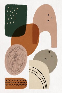 Abstract modern illustration with overlapping colorful shapes and expressive lines