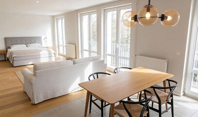 Bright modern apartment interior with open living and dining area, soft daylight, Generative AI
