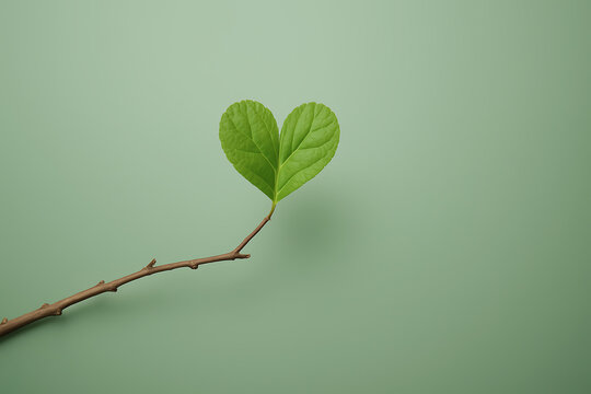 Heart shaped green leaf on sage background for Valentine nature concept. Minimalist botanical heart leaf symbol for organic love and romantic design.