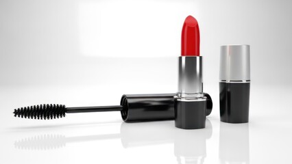 Obraz premium A set of cosmetic products including a red lipstick, mascara, and a black mascara wand on a reflective surface.