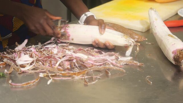 Close up of an African female chef peeling cassava, Manihot esculenta, also known as cassava, yuca, manioc, tapioca, alongside yam, Dioscorea rotundata called igname, &ntilde;ame, inhame, during preparation