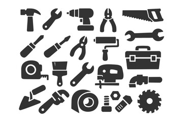 Fototapeta premium Silhouette icons of various hand and power tools for construction and diy projects.