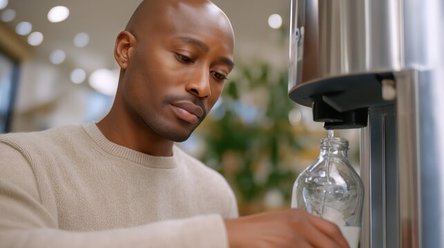 Eco-conscious man using a refill station to fill a reusable water bottle in a modern indoor setting.
