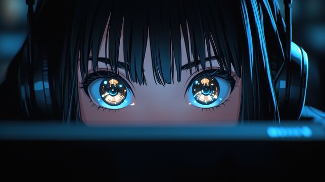Focused anime girl gamer with glowing cyber eyes playing at a computer, e-sports concept symbolizing competition, concentration, technology, and digital gaming culture