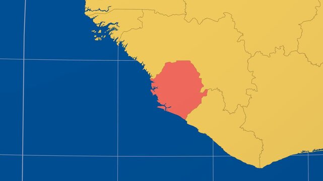 Sierra Leone on Globe. Animated zoom into the country in Ocean Blue Golden Yellow color palette. Sierra Leone logo animation. Map with meridians, parallels. Vibrant video.