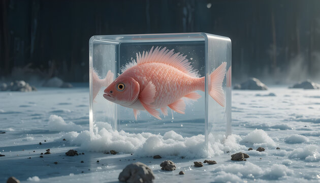 Surrealist scene with a fluffy pink fish seemingly suspended in a clear, square container, which is